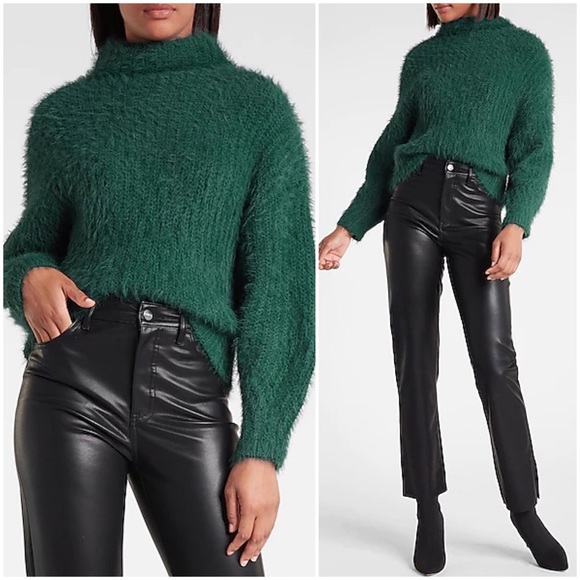 Express Tops - Express Fuzzy Chenille Mock Turtleneck Cozy Knit Textured Dolman Sleeve Sweater